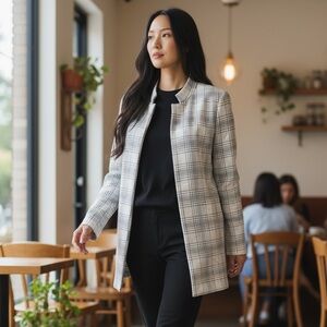 CAROLINA BELLE LONG OPEN FRONT WHITE & BLACK PLAID CAREER JACKET BLAZER SZ M